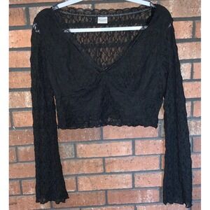 No Boundaries Black Floral Lace Crop Top Long Sleeve V-Neck Sheer Large 12/14